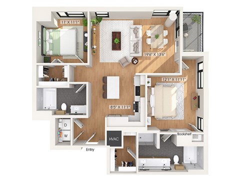 Floor plan for 2 beds, 2 baths, 1182 sqft
