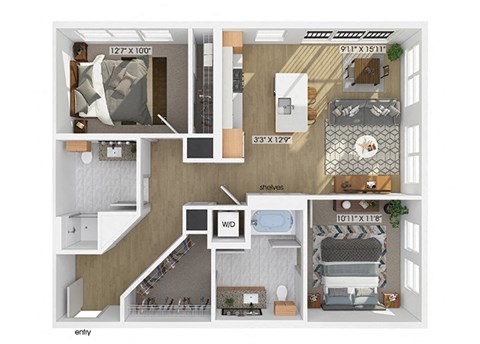 Floor plan for 2 beds, 2 baths, 1205 sqft