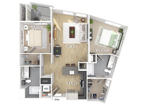 Floor plan for 2 beds, 2 baths, 1070 sqft