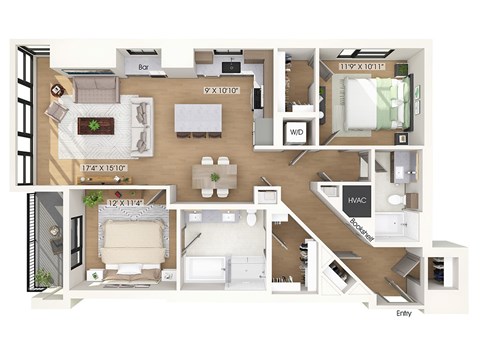 Floor plan for 2 beds, 2 baths, 1305 sqft