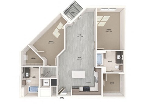 Floor plan for 2 beds, 2 baths, 1153 sqft