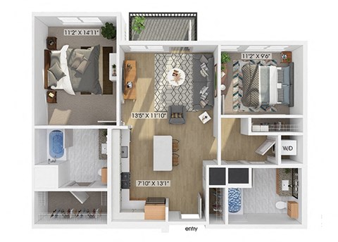 Floor plan for 2 beds, 2 baths, 1015 sqft