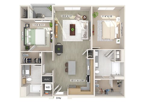Floor plan for 2 beds, 2 baths, 1147 sqft