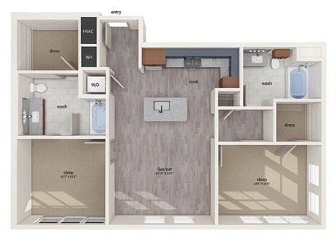 Floor plan for 2 beds, 2 baths, 1079 sqft
