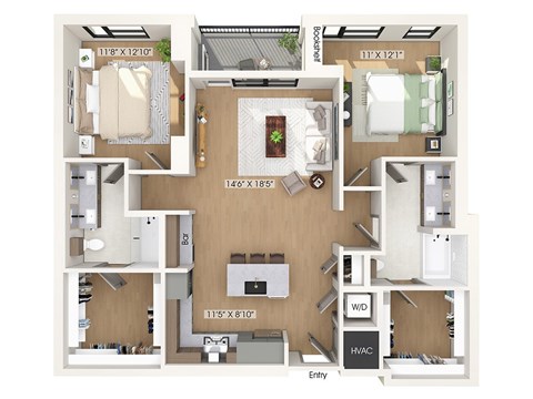 Floor plan for 2 beds, 2 baths, 1307 sqft
