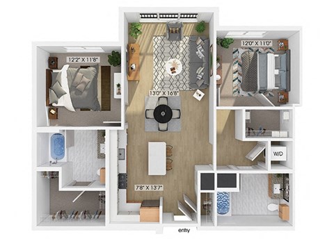 Floor plan for 2 beds, 2 baths, 1140 sqft
