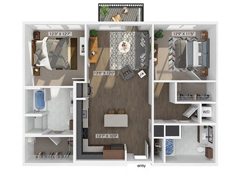 Floor plan for 2 beds, 2 baths, 1184 sqft