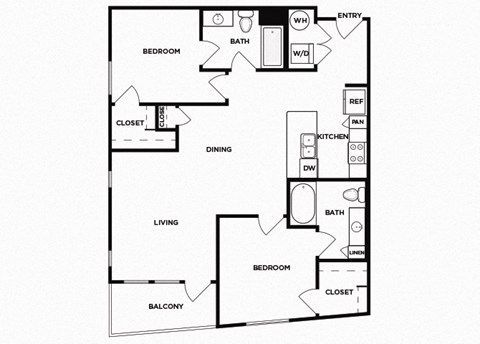 Floor plan for 2 beds, 2 baths, 1026 sqft