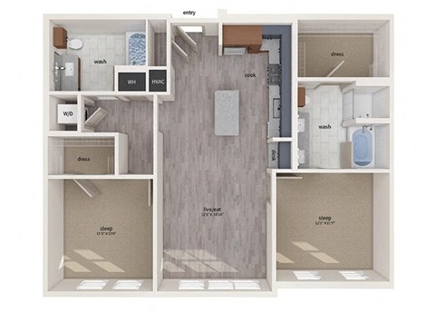 Floor plan for 2 beds, 2 baths, 1116 sqft