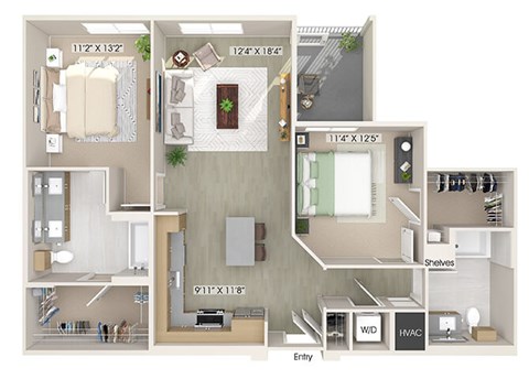 Floor plan for 2 beds, 2 baths, 1129 sqft