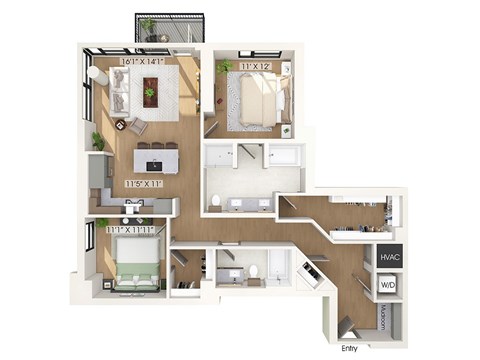 Floor plan for 2 beds, 2 baths, 1318 sqft