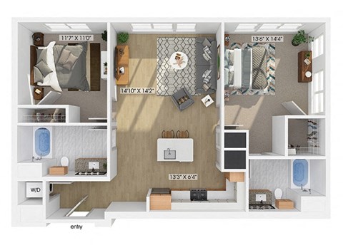 Floor plan for 2 beds, 2 baths, 1084 sqft