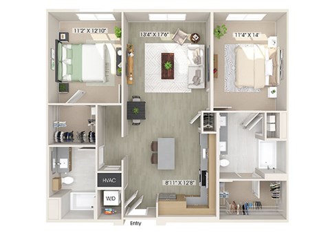 Floor plan for 2 beds, 2 baths, 1163 sqft