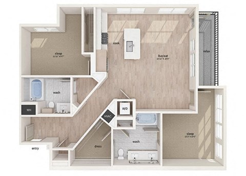 Floor plan for 2 beds, 2 baths, 1203 sqft