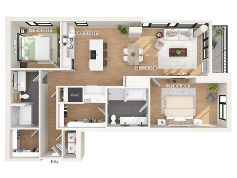 Floor plan for 2 beds, 2 baths, 1389 sqft