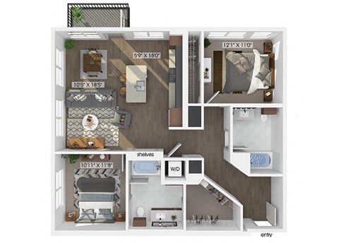Floor plan for 2 beds, 2 baths, 1110 sqft