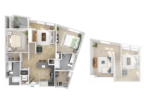 Floor plan for 2 beds, 2 baths, 1273 sqft
