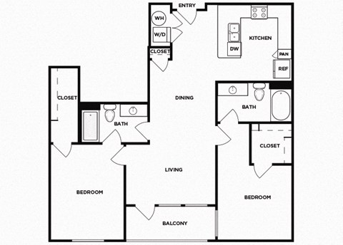 Floor plan for 2 beds, 2 baths, 1096 sqft