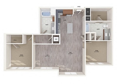 Floor plan for 2 beds, 2 baths, 1303 sqft