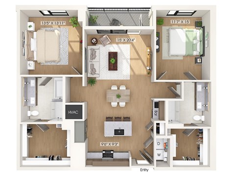 Floor plan for 2 beds, 2 baths, 1408 sqft