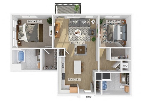 Floor plan for 2 beds, 2 baths, 1123 sqft