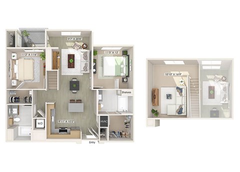 Floor plan for 2 beds, 2 baths, 1275 sqft