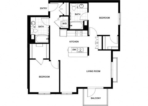 Floor plan for 2 beds, 2 baths, 1075 sqft