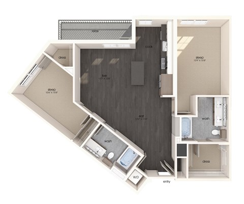 Floor plan for 2 beds, 2 baths, 1189 sqft