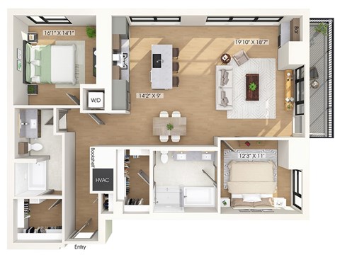 Floor plan for 2 beds, 2 baths, 1423 sqft
