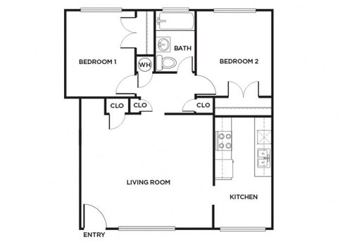 Floor plan for 2 beds, 1 bath, 900 sqft