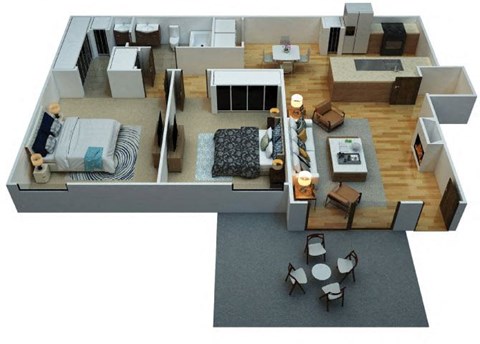 Floor plan for 2 beds, 1 bath, 807 sqft