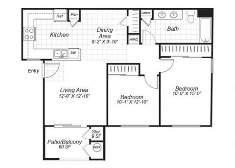 Floor plan for 2 beds, 1 bath, 837 sqft