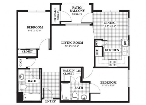 Floor plan for 2 beds, 2 baths, 827 sqft