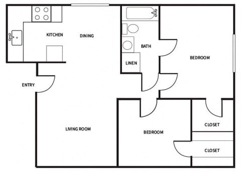 Floor plan for 2 beds, 1 bath, 886 sqft