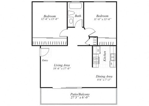 Floor plan for 2 beds, 1 bath, 944 sqft