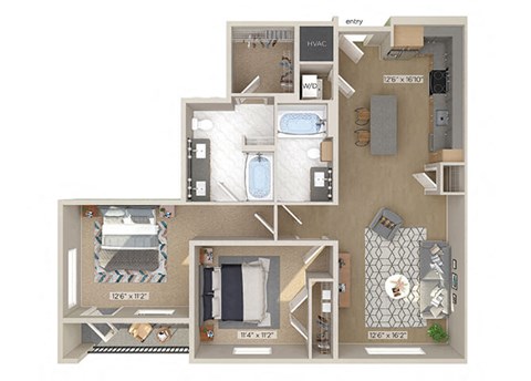 Floor plan for 2 beds, 2 baths, 1004 sqft