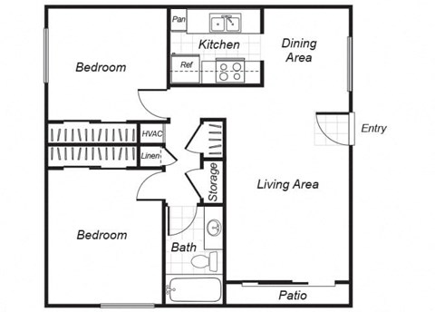 Floor plan for 2 beds, 1 bath, 794 sqft