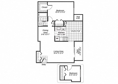 Floor plan for 2 beds, 1 bath, 783 sqft