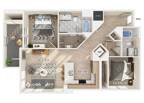 Floor plan for 2 beds, 2 baths, 1065 sqft