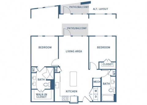 Floor plan for 2 beds, 2 baths, 1010 sqft
