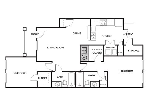 Floor plan for 2 beds, 2 baths, 1095 sqft
