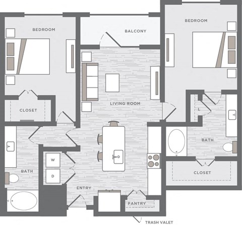Floor plan for 2 beds, 2 baths, 1083 sqft