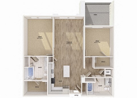 Floor plan for 2 beds, 2 baths, 1232 sqft