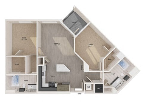 Floor plan for 2 beds, 2 baths, 1072 sqft
