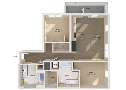Floor plan for 2 beds, 2 baths, 1049 sqft