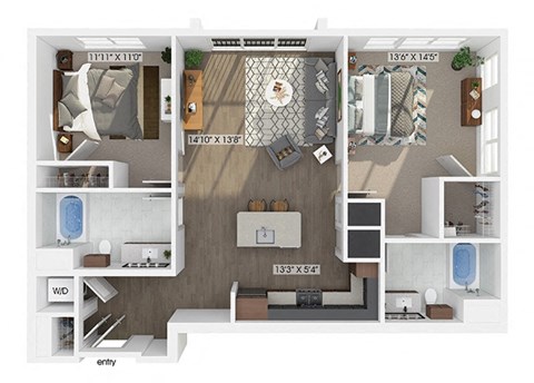 Floor plan for 2 beds, 2 baths, 1155 sqft