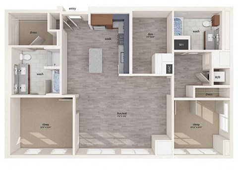 Floor plan for 2 beds, 2 baths, 1363 sqft