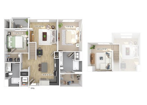 Floor plan for 2 beds, 2 baths, 1335 sqft