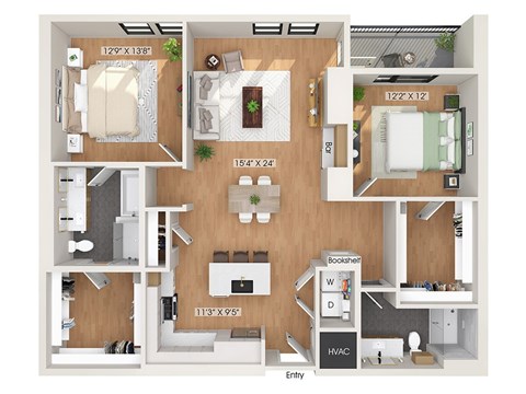 Floor plan for 2 beds, 2 baths