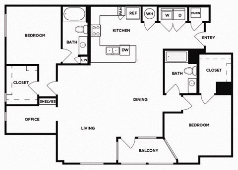 Floor plan for 2 beds, 2 baths